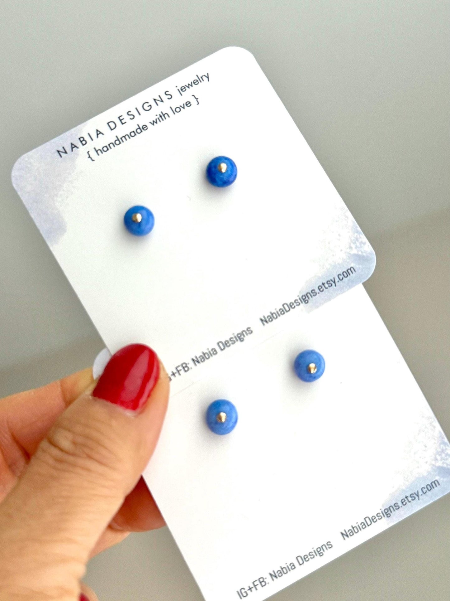Opal and Gold Post Earrings, BLUES: adorable opal gemstone in light and dark blue, with 14k gold filled flat head post and earring backings