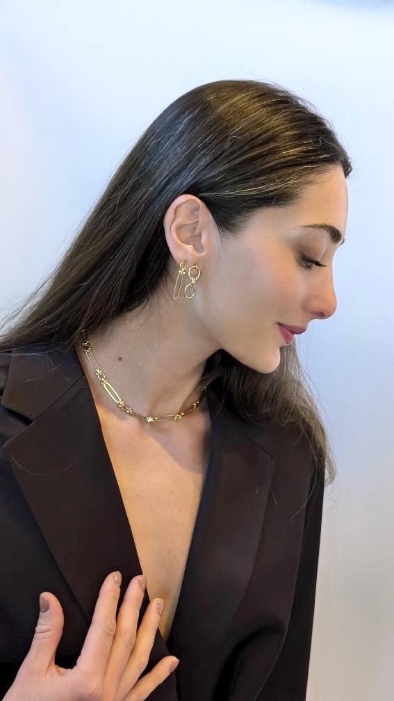 Double Oval Earrings: versatile medium size earrings with unique gold link style, 14kt gold filled post and earring backs